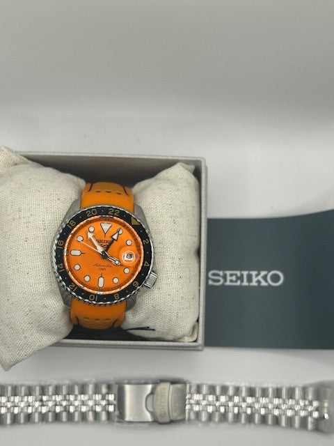 Seiko 5 Sports GMT Automatic Orange Dial Men's Watch 42.5mm (Original SS Bracelet + 2nd Orange/Black Strap)