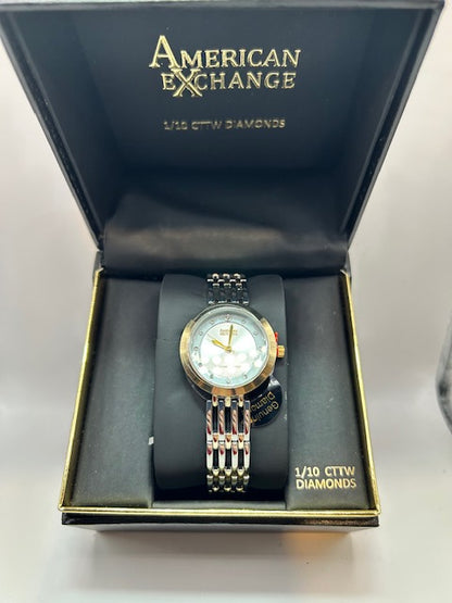 American Exchange - Ladies 29.5mm 2 Tone, Quartz, Fashion Watch, Genuine Diamond 1/10ctw