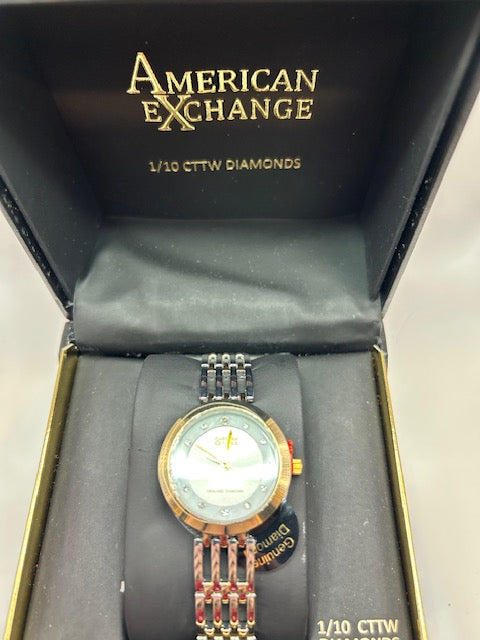 American Exchange - Ladies 29.5mm 2 Tone, Quartz, Fashion Watch, Genuine Diamond 1/10ctw