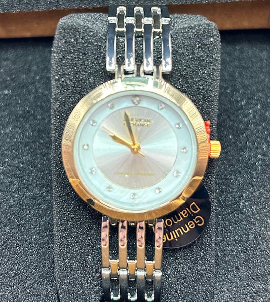American Exchange - Ladies 29.5mm 2 Tone, Quartz, Fashion Watch, Genuine Diamond 1/10ctw