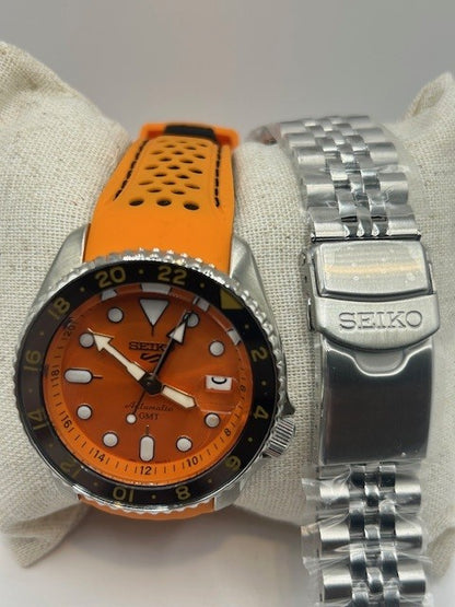 Seiko 5 Sports GMT Automatic Orange Dial Men's Watch 42.5mm (Original SS Bracelet + 2nd Orange/Black Strap)