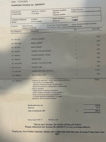 TAG Heuer Grand Carrera Black 43mm Steel Automatic Watch - Fully Serviced, New Crystal 10-2025