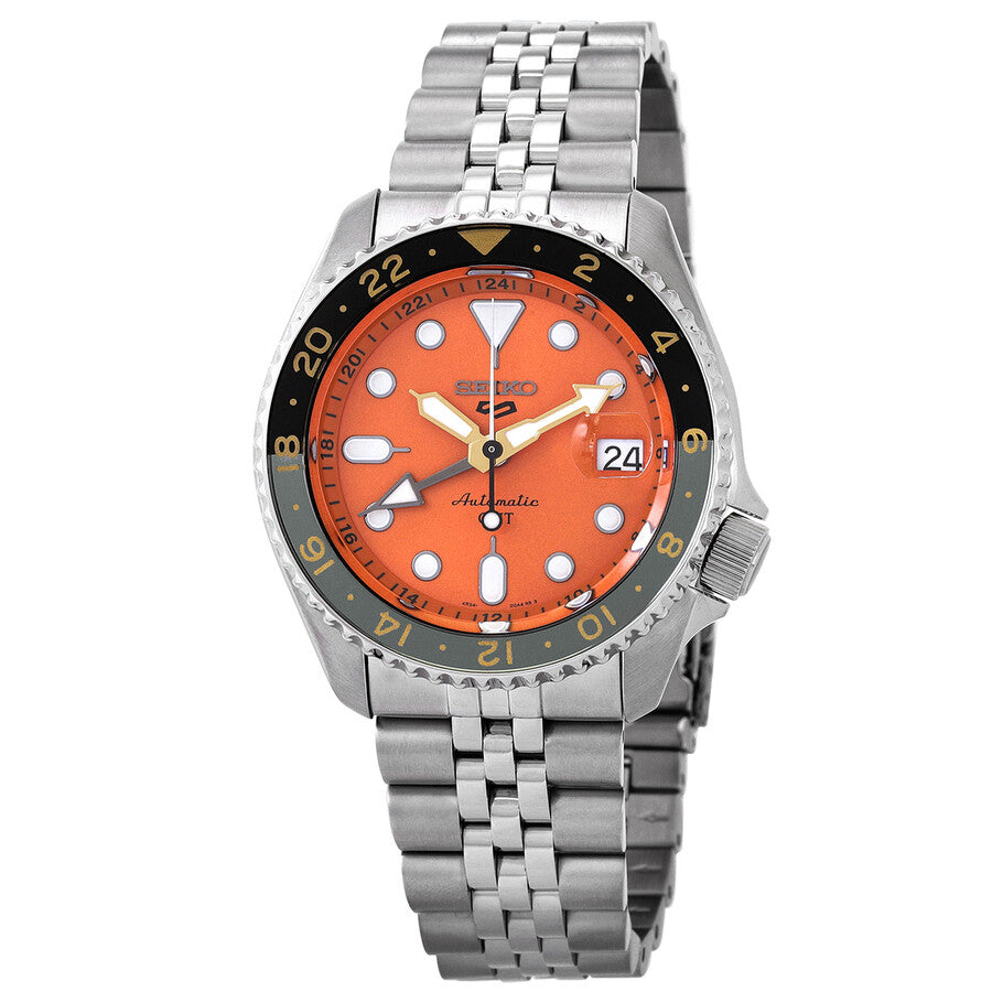 Seiko 5 Sports GMT Automatic Orange Dial Men's Watch 42.5mm (Original SS Bracelet + 2nd Orange/Black Strap)
