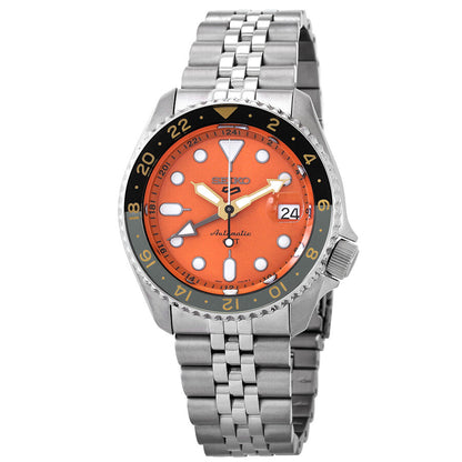 Seiko 5 Sports GMT Automatic Orange Dial Men's Watch 42.5mm (Original SS Bracelet + 2nd Orange/Black Strap)