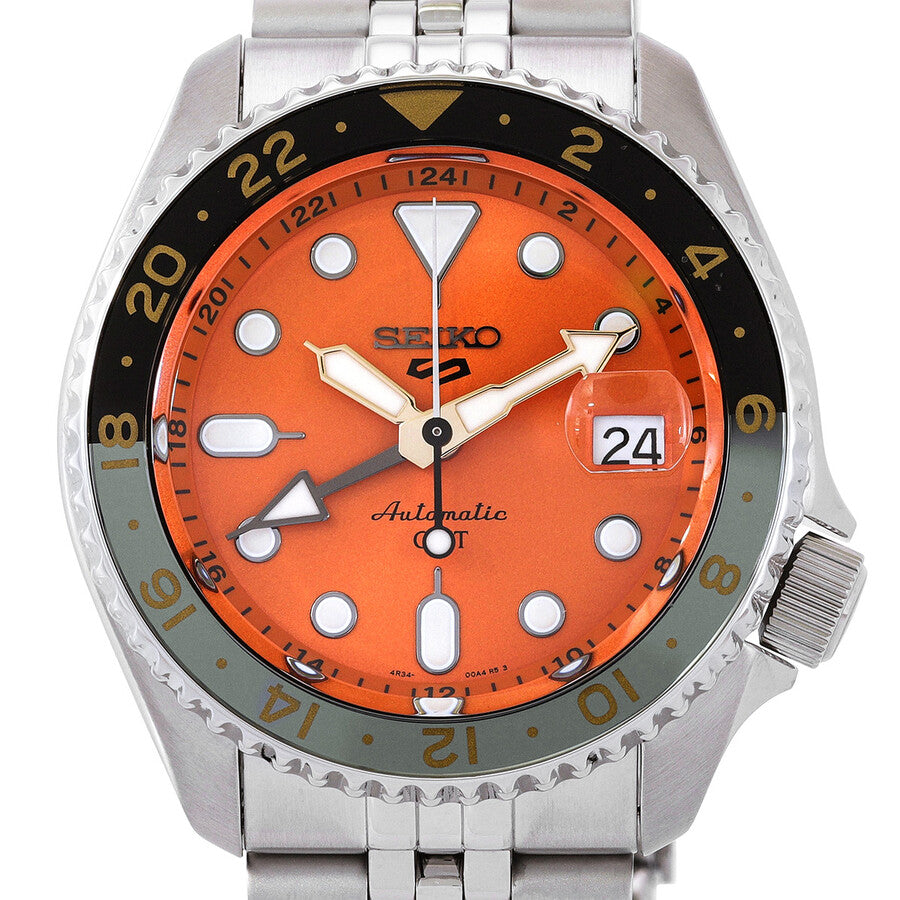 Seiko 5 Sports GMT Automatic Orange Dial Men's Watch 42.5mm (Original SS Bracelet + 2nd Orange/Black Strap)