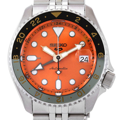Seiko 5 Sports GMT Automatic Orange Dial Men's Watch 42.5mm (Original SS Bracelet + 2nd Orange/Black Strap)